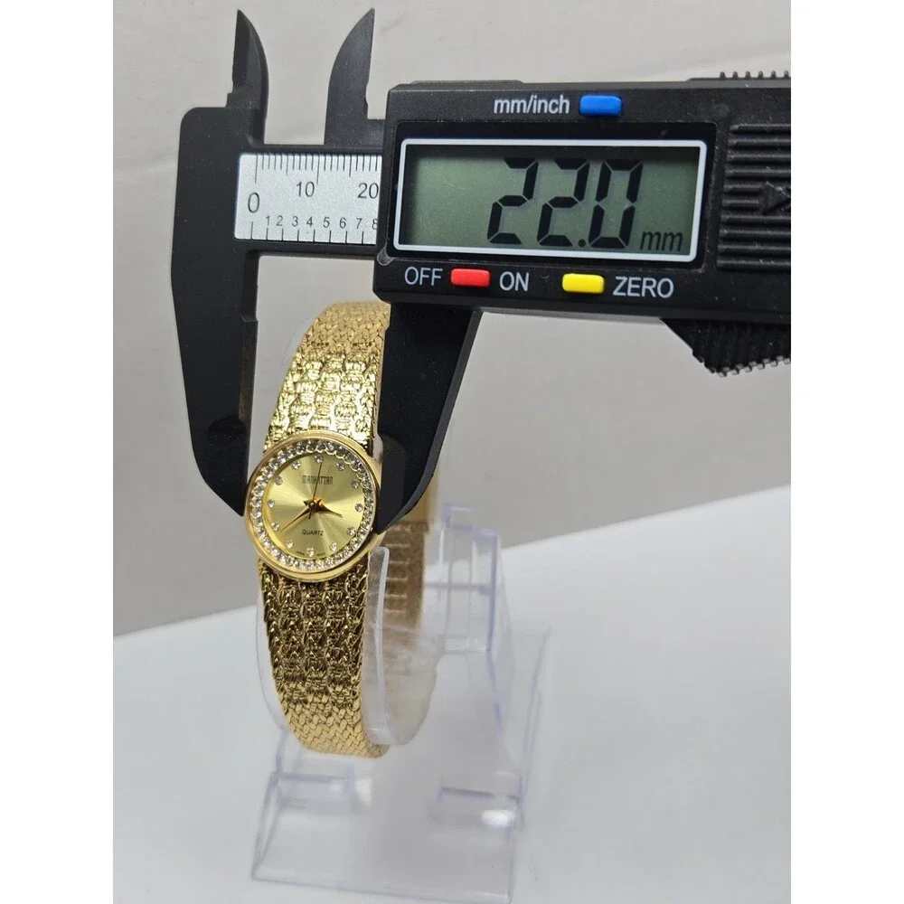 Manhattan Croton Womens Gold Tone Crystal Bezel Basket Weave Watch New Battery